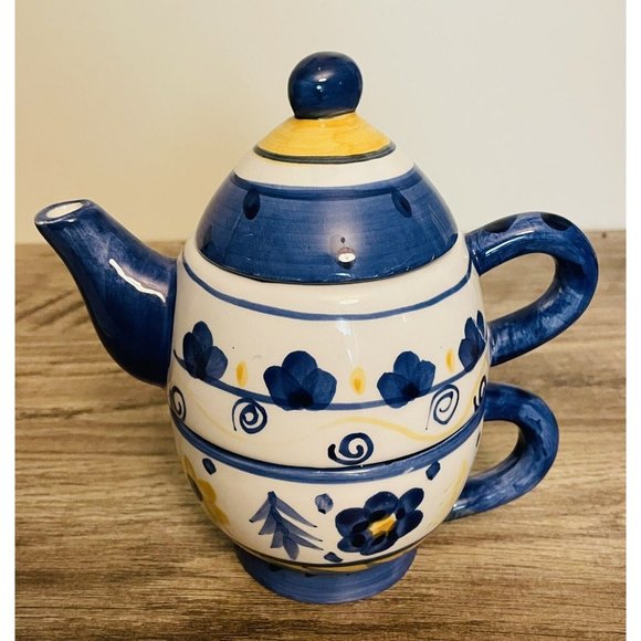 GANZ Dining Blue And Yellow Teapot And Cup Combo Vintage Porcelain